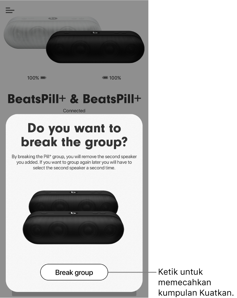 App Beats menunjukkan kad Putuskan kumpulan