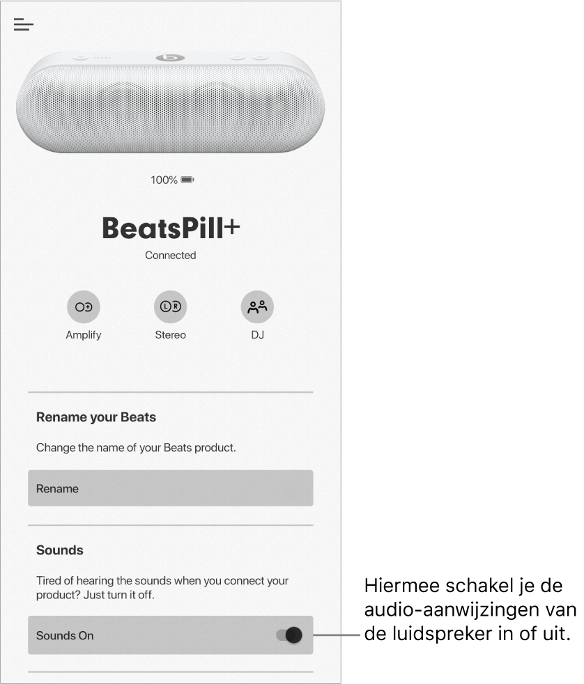 Regelaar 'Geluiden' in het apparaatscherm van de Beats-app