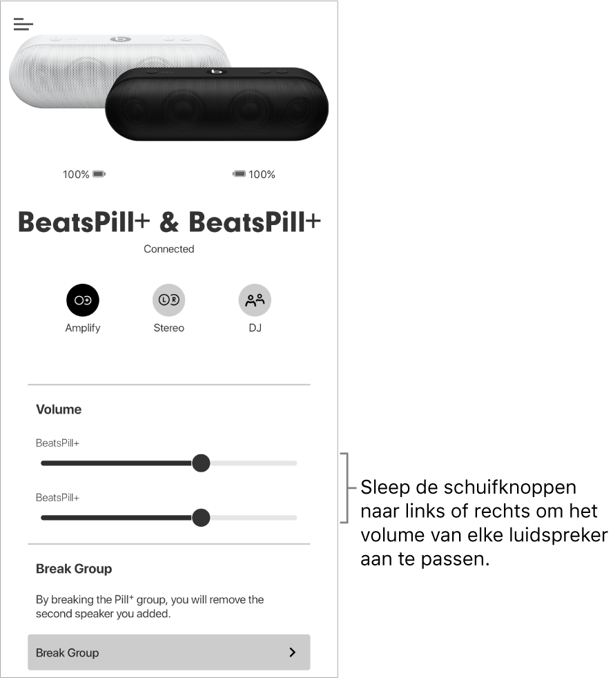 Het scherm van de Beats-app in de versterkingsmodus met volumeregelaars voor twee luidsprekers