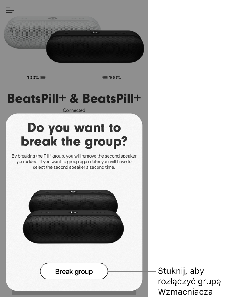 Aplikacja Beats wyświetlająca kartę Rozłącz grupę