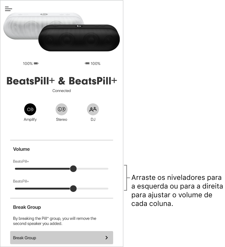 Ecrã da aplicação Beats no modo Amplificar, com os controlos de volume de duas colunas.