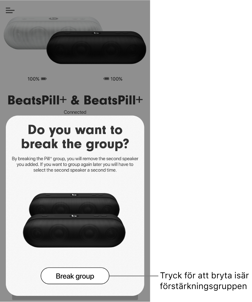 Beats-appen som visar kortet Bryt isär grupp