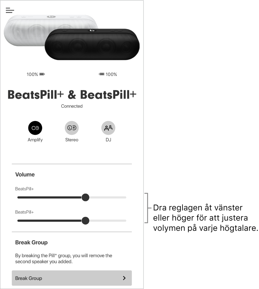 Beats-appskärmen i förstärkningsläget med volymreglage för två högtalare
