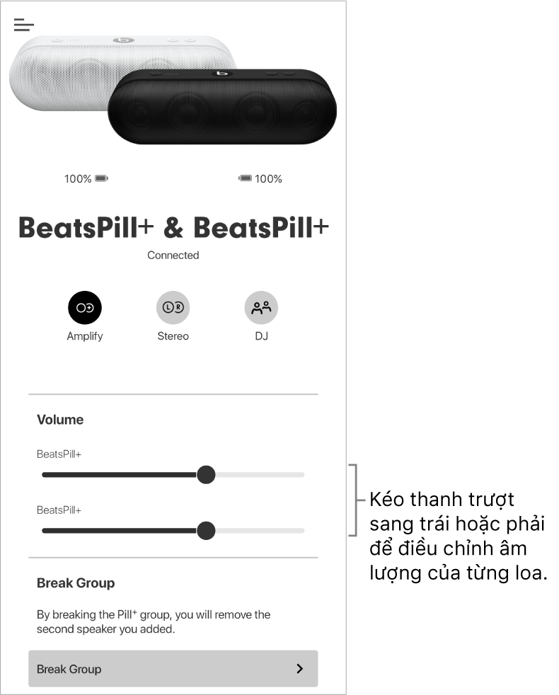 Màn hình ứng dụng Beats ở chế độ Khuếch đại đang hiển thị các điều khiển âm lượng cho hai loa