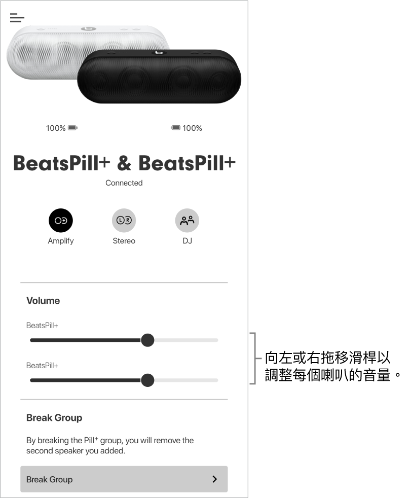 處於「擴音」模式的 Beats App 畫面，顯示兩部揚聲器的音量控制項目