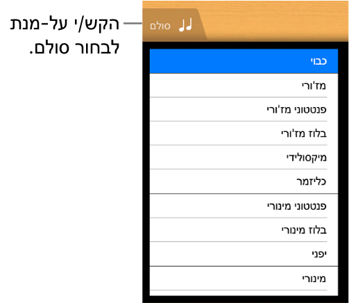 הכפתור ״סולם״ ורשימת הסולמות של הגיטרה