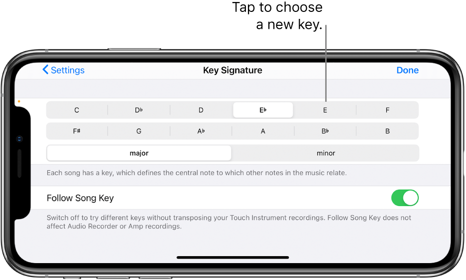 Key controls in Song settings