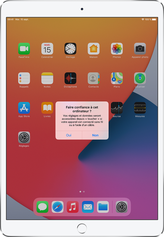 iPad affichant la zone de dialogue « Faire confiance à cet ordinateur » initiale.