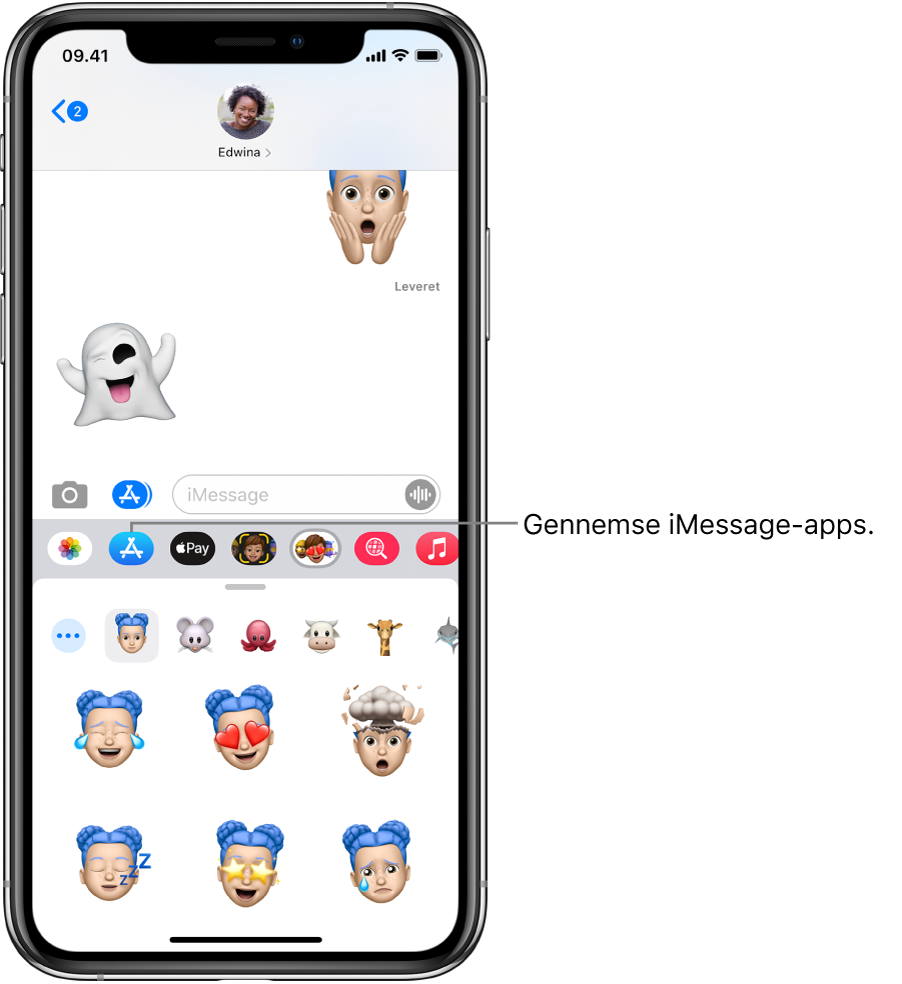 En samtale i Beskeder med knappen iMessage-appbrowser valgt. Det åbne appområde med smileyklistermærker.