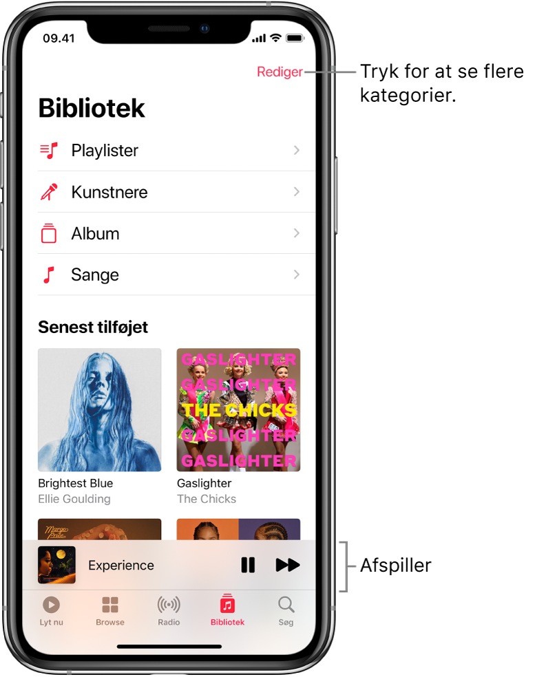 Skærmen Bibliotek viser en liste med kategorier, herunder Playlister, Kunstnere, Album og Sange. Under listen ses overskriften Senest tilføjet. Afspilleren viser titlen på den aktuelle sang, og knapperne Pause og Næste vises nederst.