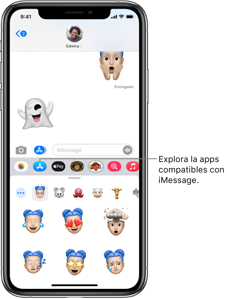 Una conversación de Mensajes con el botón "Explorador de apps" de iMessage seleccionado. El cajón de apps abierto mostrando stickers de caras.