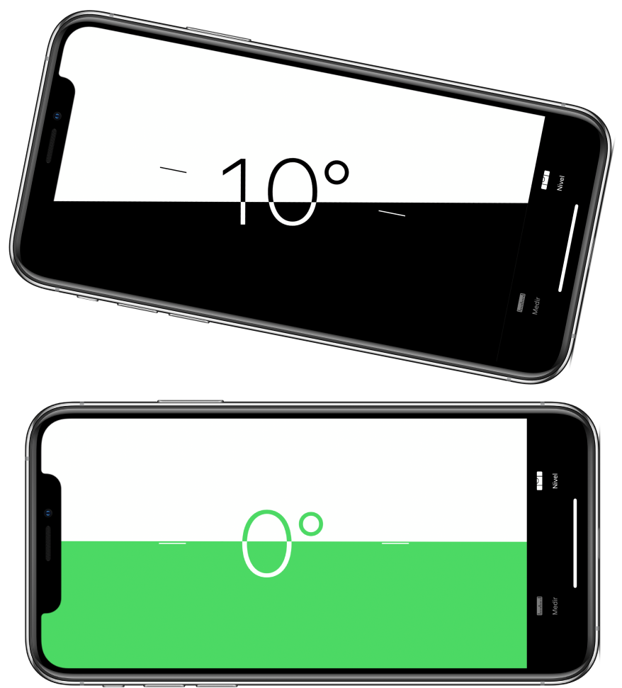 La pantalla del nivelador. En la parte superior, el iPhone está inclinado a un ángulo de 10 grados; en la parte inferior, el iPhone está nivelado.