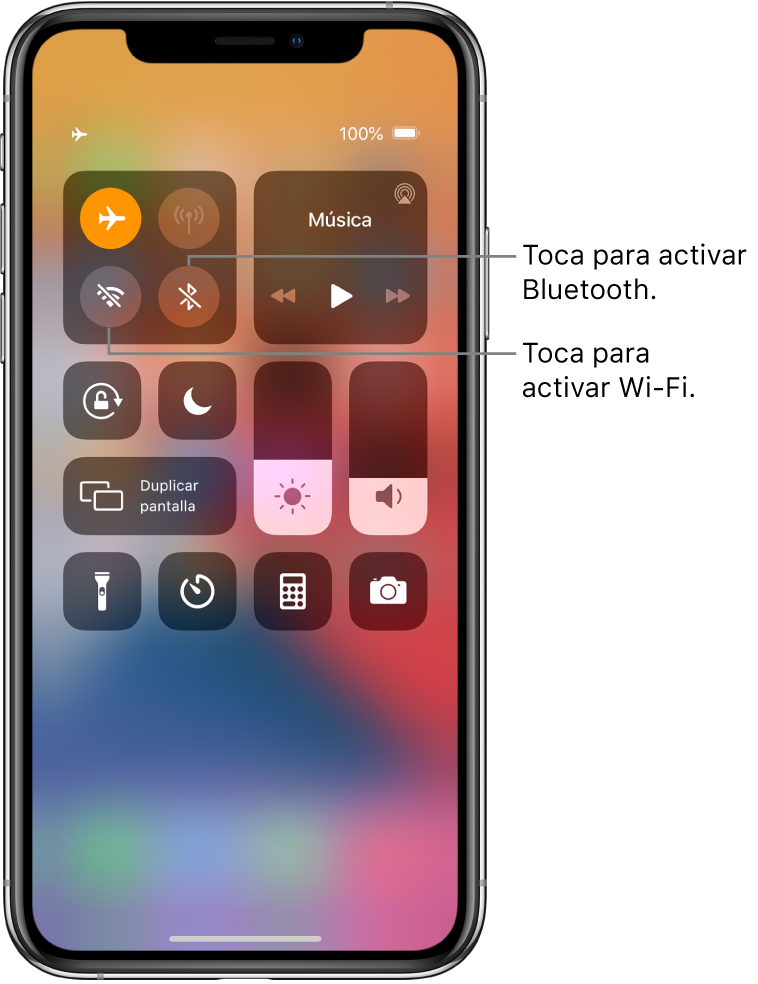 Centro de control con el modo vuelo activado. Los botones para activar Wi-Fi y Bluetooth están cerca de la esquina superior derecha de la pantalla.