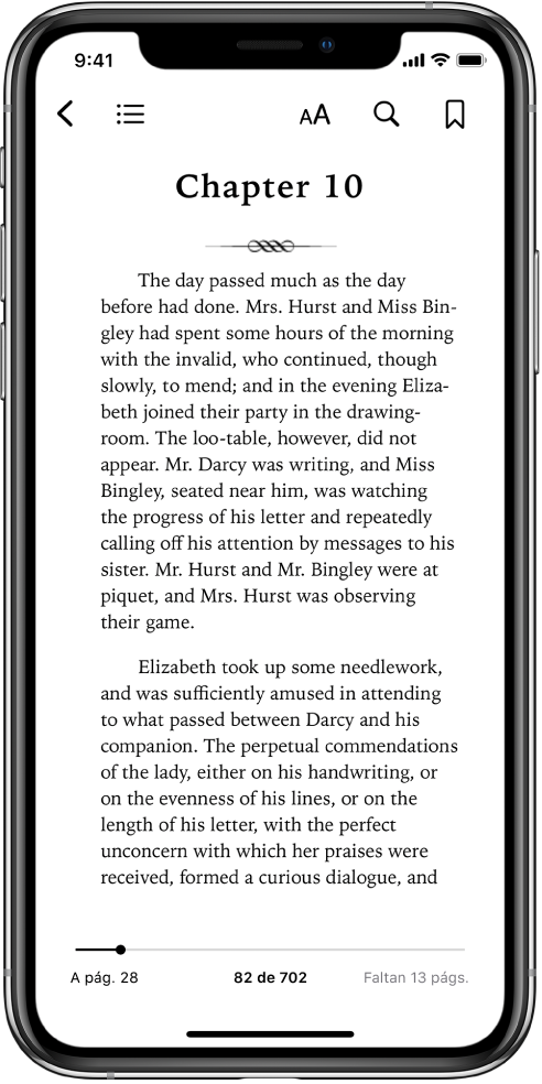 La página de un libro abierto en la app Libros con botones en la parte superior de la pantalla; de izquierda a derecha son para cerrar el libro, ver la tabla de contenidos, cambiar el texto, buscar y marcar. En la parte inferior de la pantalla hay un regulador.