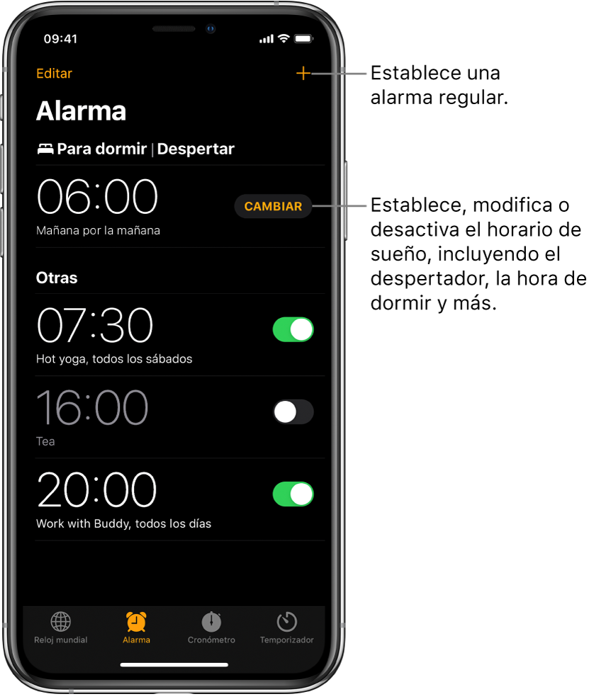 La pestaña Alarma mostrando cuatro alarmas para varias horas de día, el botón para establecer una alarma normal en la esquina superior derecha, y la alarma Despertador con un botón que permite cambiar el horario de sueño desde la app Salud.