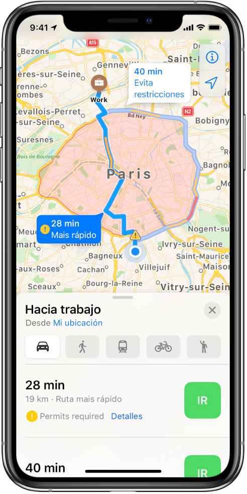 Un mapa de ruta con París en el centro mostrando una ruta rápida que atraviesa directamente la ciudad y una ruta más lenta que rodea la ciudad que evita restricciones.