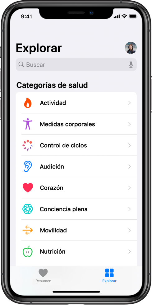La pantalla "Categorías de Salud" de la app Salud.