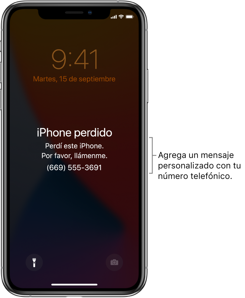 La pantalla bloqueada de un iPhone con el mensaje: "iPhone perdido. Perdí este iPhone. Por favor, llámenme. (669) 555-3691." Puedes agregar un mensaje personalizado con tu número telefónico.