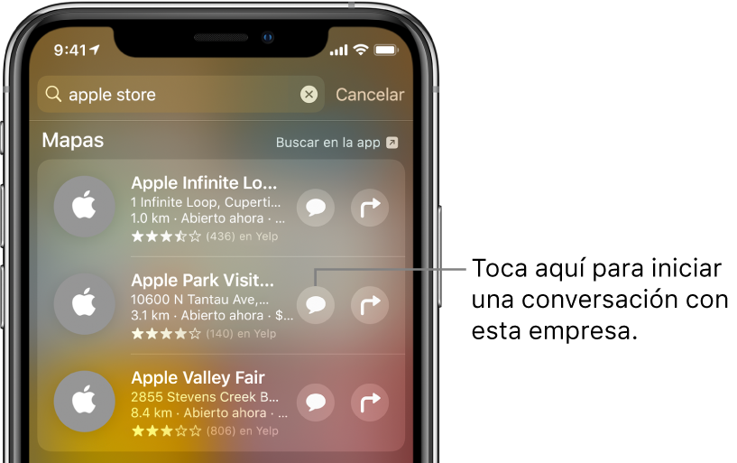 La pantalla Buscar mostrando elementos encontrados para Mapas. Cada elemento muestra una breve descripción, una calificación o dirección, y cada sitio web muestra una URL. El segundo elemento muestra un botón que se puede tocar para iniciar un chat con Apple Store.