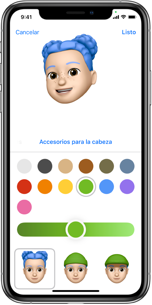 La pantalla para crear un Memoji mostrando la creación del personaje en la parte superior, las características personalizables debajo del personaje, y las opciones de la característica seleccionada en la parte inferior. El botón Listo se encuentra en la esquina superior derecha y el botón Cancelar está en la esquina superior izquierda.