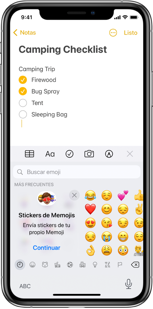 Una nota en la app Notas que se está editando, con el teclado de emojis abierto y el campo de búsqueda de emojis en la parte superior del teclado.