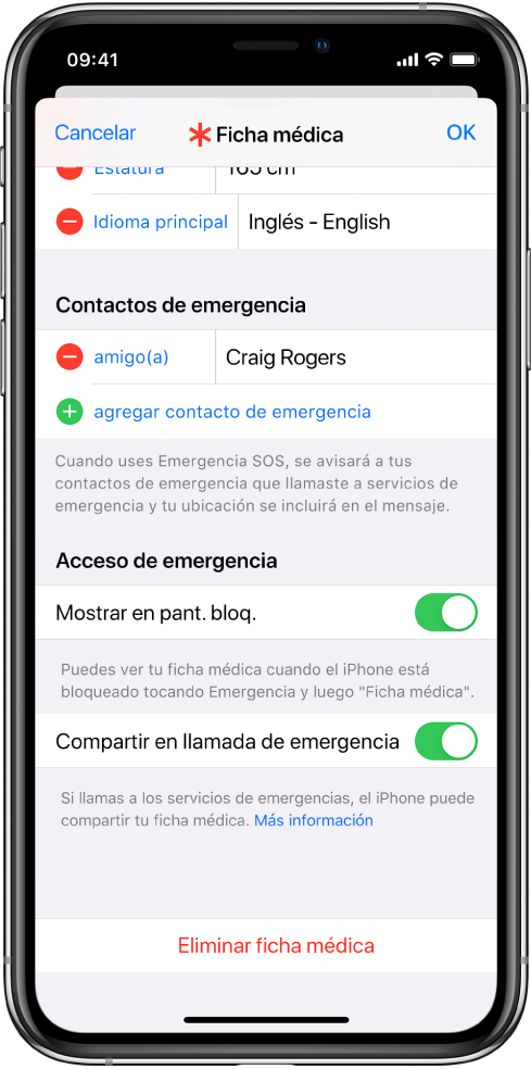 Pantalla de ficha médica. En la parte inferior se encuentran opciones para mostrar la información de la ficha médica cuando la pantalla del iPhone está bloqueada y cuando realizas una llamada a los servicios de emergencia.