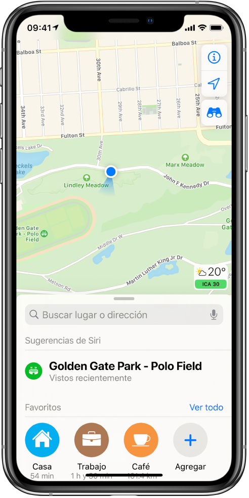 Un mapa de un parque con tres lugares favoritos en la parte inferior de la pantalla. Los lugares favoritos son Casa, Trabajo y Café.