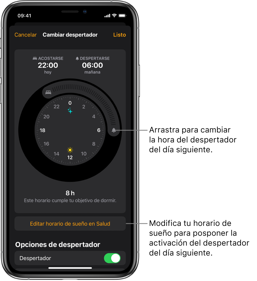 Una pantalla para cambiar la alarma del día siguiente, con botones que se pueden arrastrar para cambiar las horas de dormir y de despertar, un botón para cambiar el horario de sueño en la app Salud, y un botón para activar o desactivar el despertador.