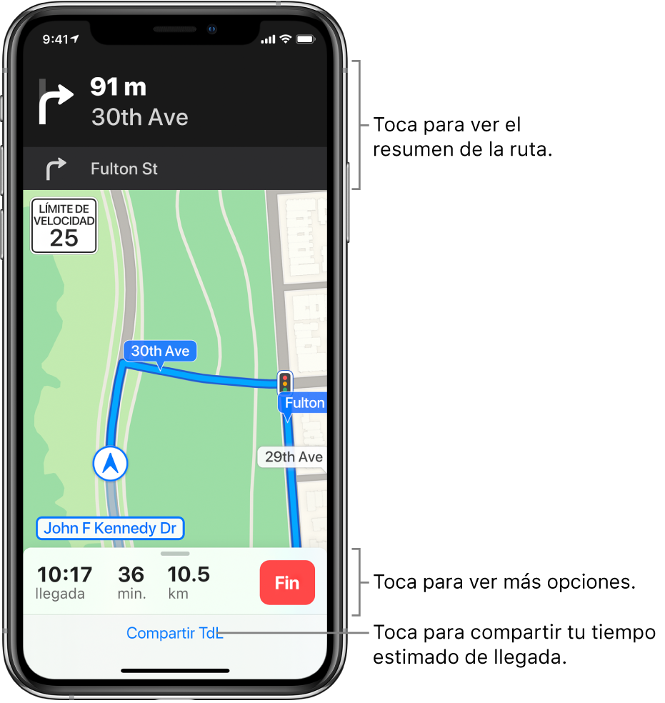 Un mapa mostrando una ruta en automóvil, con una indicación para dar vuelta a la derecha en 100 metros. Cerca de la parte inferior del mapa se muestran la hora estimada de llegada y la distancia total a la derecha del botón Finalizar. El botón "Compartir TdL" aparece en la parte inferior de la pantalla.