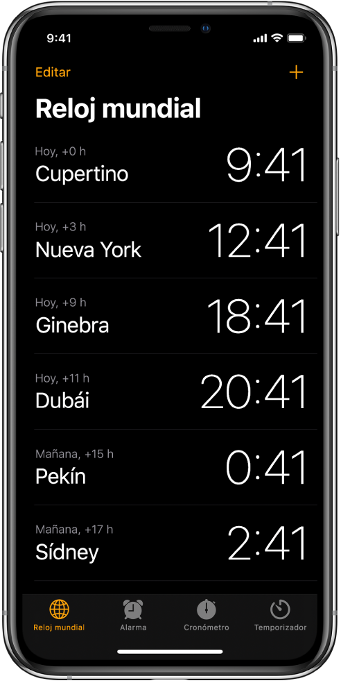 La pestaña "Reloj mundial" mostrando la hora en varias ciudades. Toca Editar en la equina superior izquierda para acomodar los relojes. Toca el botón Agregar en la esquina superior derecha para agregar más. Los botones Reloj mundial, Alarma, Cronómetro y Temporizador están en la parte inferior.