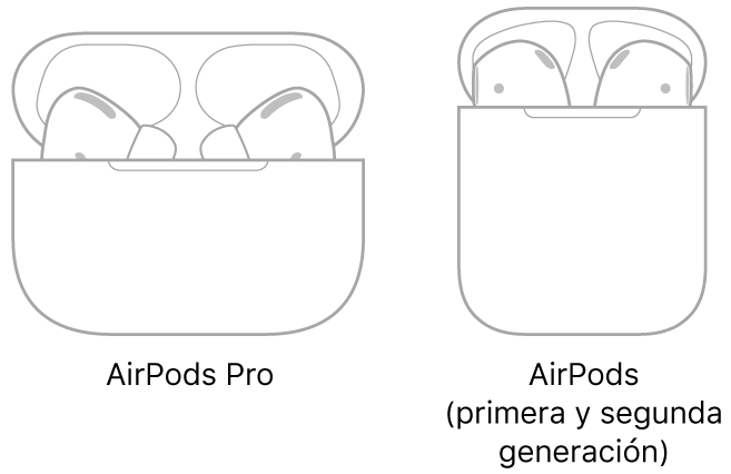 A la izquierda, una ilustración de unos AirPods Pro en su estuche. A la derecha, una ilustración de unos AirPods (segunda generación) su estuche.