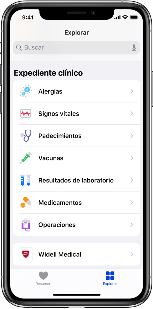 La pantalla "Expediente clínico" de la app Salud. La pantalla enlista categorías, incluyendo Alergias, Signos vitales y Padecimientos. Debajo de la lista de categorías se encuentra un botón para Widell Medical. En la parte inferior de la pantalla, se selecciona el botón Explorar.