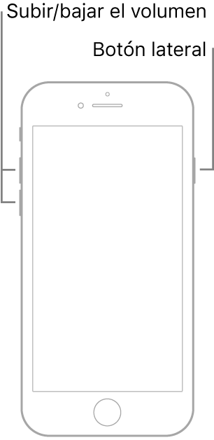 Una ilustración de un modelo de iPhone boca arriba que cuenta con botón de inicio. Los botones para subir y bajar el volumen se encuentran en el lado izquierdo, y el botón lateral está en el lado derecho.