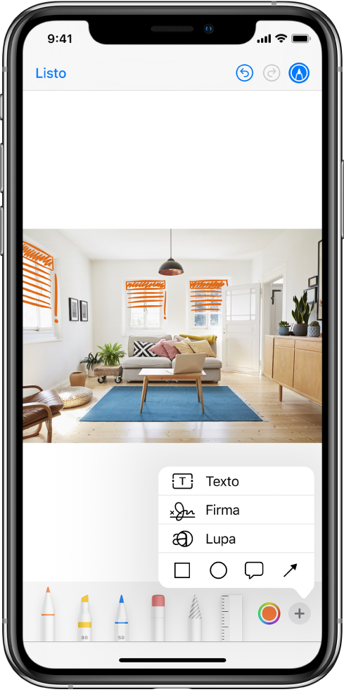 Una foto está marcada con líneas naranjas para indicar que las ventanas tienen persianas. La barra de herramientas de Marcado, con herramientas de dibujo y el selector de color en el área inferior de la pantalla. En la esquina inferior derecha aparece un menú con opciones para agregar texto, una firma, una lupa o figuras.
