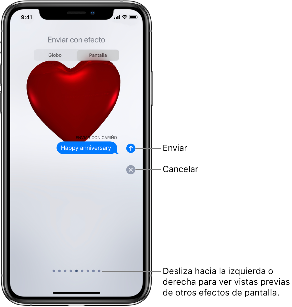 Una previsualización de un mensaje mostrando un efecto en pantalla completa con un corazón rojo.