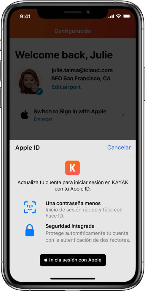 Una app que muestra el botón "Iniciar sesión con Apple".