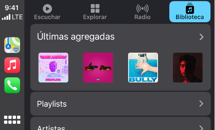 La pantalla de CarPlay mostrando un grupo de canciones agregadas recientemente.