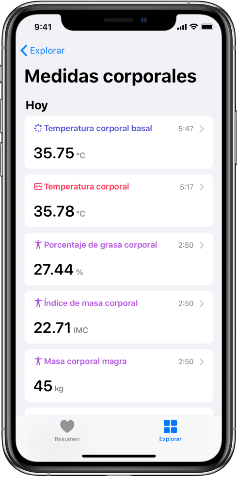 La pantalla de detalles de la categoría “Medidas corporales”.