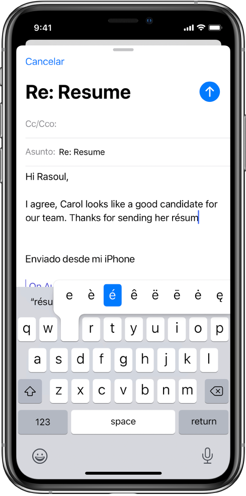 Una pantalla mostrando un correo que se escribe. El teclado está abierto y muestra caracteres alterativos para la tecla “e”.