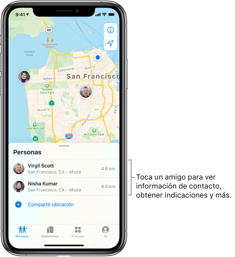 La pantalla Encontrar abierta mostrando la pestaña Personas. Se muestran dos amigos en la lista Personas. Vicente Sánchez y Núria Cavazos. Sus ubicaciones se muestran en un mapa de San Francisco.