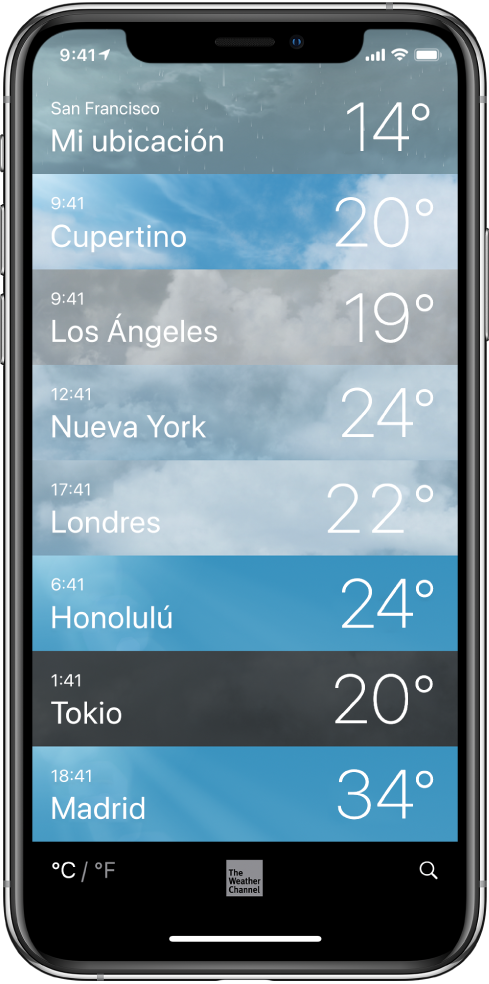 Una lista de ciudades mostrando la hora y la temperatura actual de cada una.