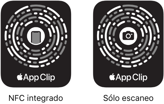 A la izquierda, un código de App Clip con NFC integrado con un ícono de iPhone en el centro. A la derecha , un código de App Clip de escaneo con un ícono de cámara en el centro.