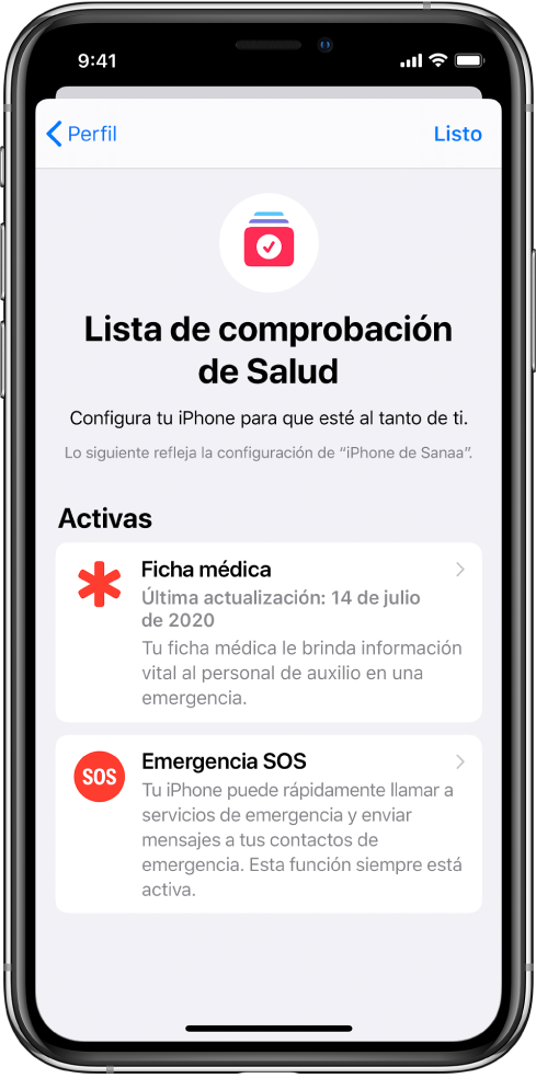 Pantalla de la lista de comprobación de Salud mostrando que las funciones “Ficha médica” y “Emergencia SOS” están activadas.