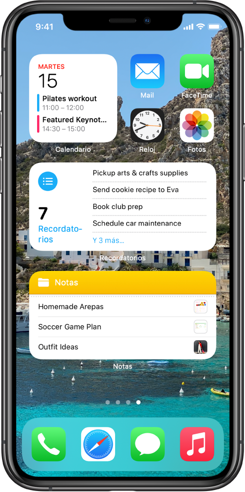 Se muestra la pantalla de inicio con apps y widgets de productividad que incluyen Calendario, Recordatorios y Notas.