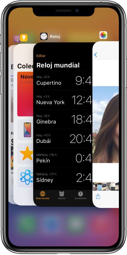 Ver el selector de apps. Íconos de las apps abiertas aparecen en la parte superior y la pantalla actual de cada app aparece debajo de su ícono.