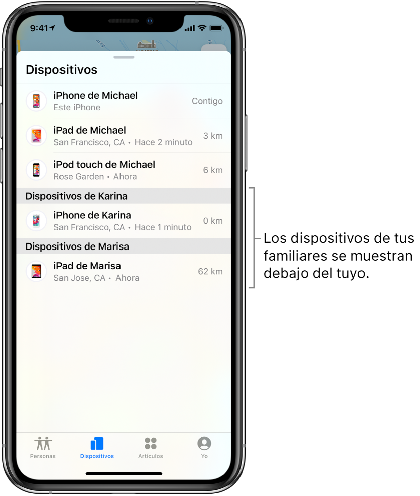 La pestaña Dispositivos de Encontrar. En la parte superior de la lista se muestran los dispositivos de Miguel. Debajo, se muestran el iPhone de Karina y el iPad de Mariel.