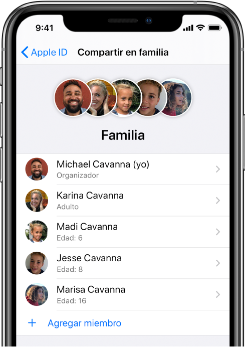 La pantalla de “Compartir en familia” en Configuración. Se muestran cinco miembros de la familia y el botón “Agregar miembro” se encuentra en la parte inferior de la pantalla.