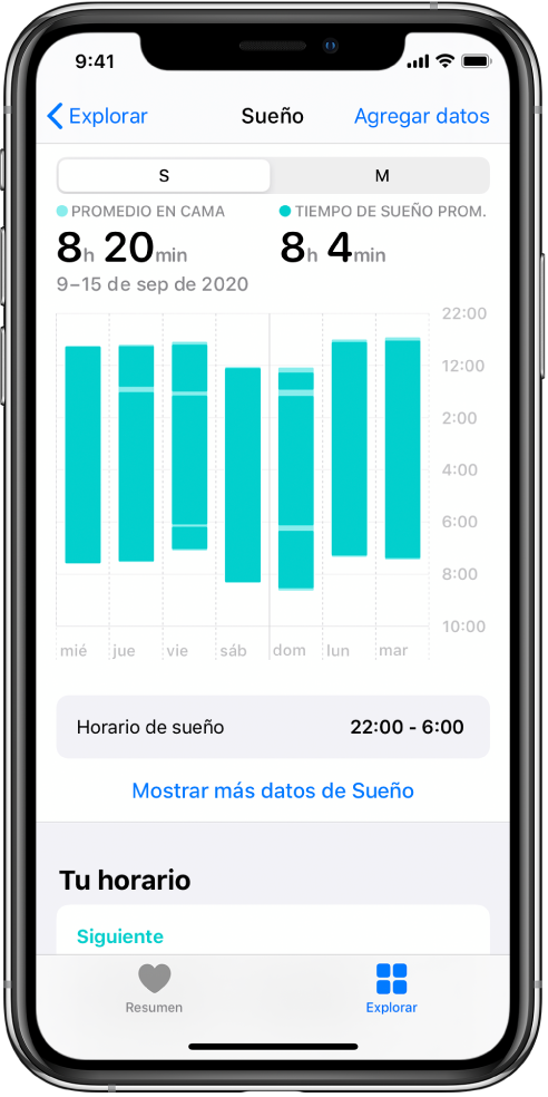 La pantalla de Sueño mostrando datos de una semana, incluyendo promedios y gráficas del tiempo que pasas en cama o dormido.