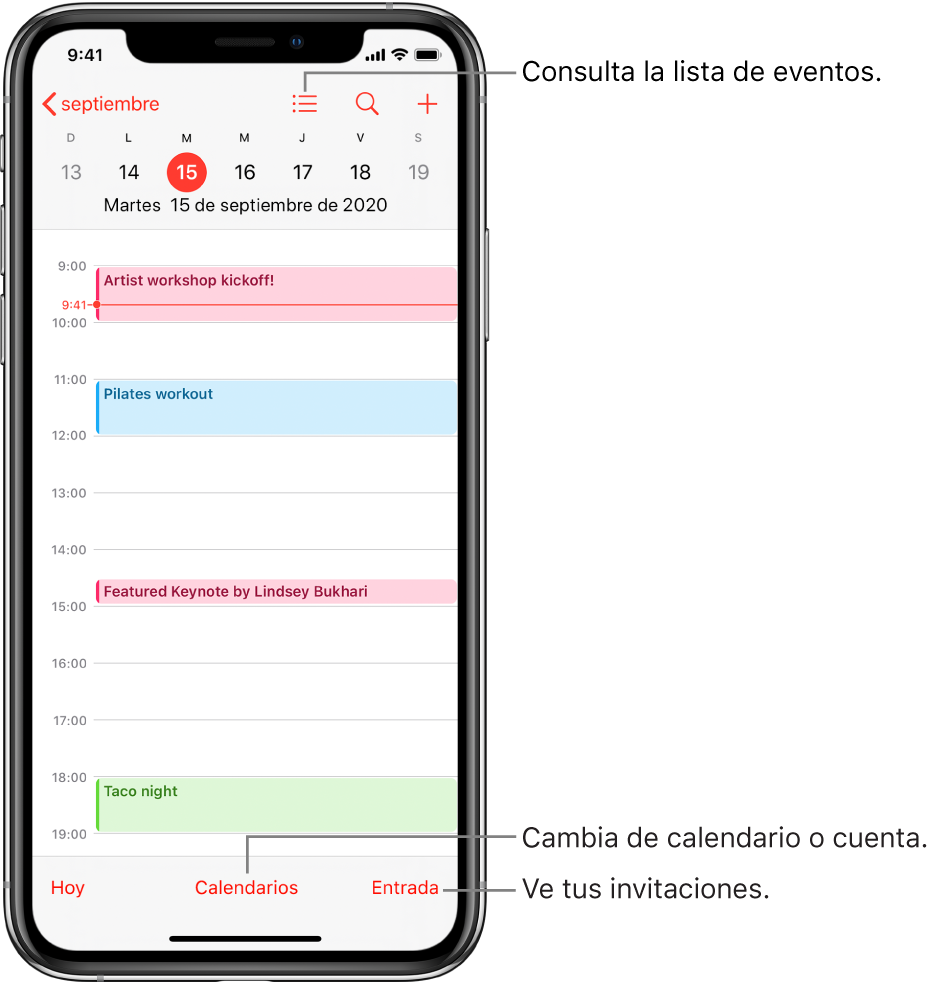 Un calendario en la vista por día mostrando los eventos del día. Toca el botón de calendarios ubicado en la parte inferior de la pantalla para cambiar de cuenta de calendario. Toca el botón Entrada ubicado en la parte inferior derecha para ver las invitaciones.