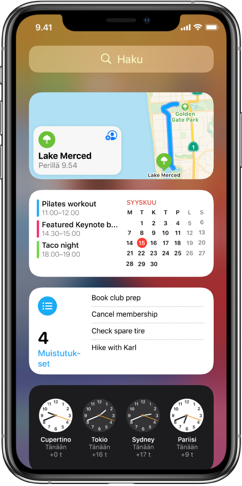 Kartat-widgetti ja kolme muuta widgettiä iPhonen näytöllä.